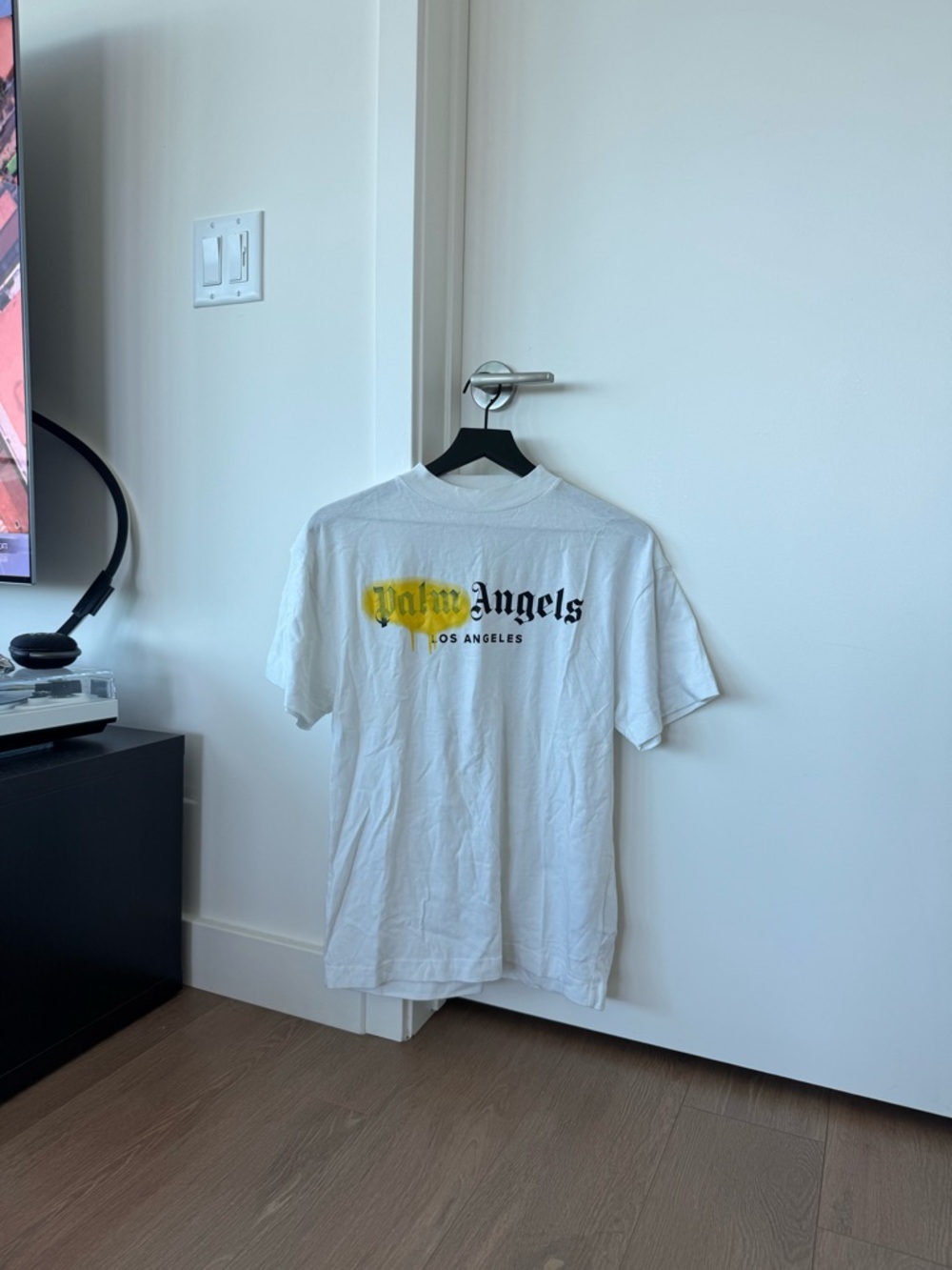 Palm Angels White Tee with Black Logo and Yellow Accent